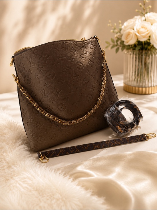 Louis Vuitton Handbags - Luxury Embossed Brown Shoulder Bag with Gold Chain
